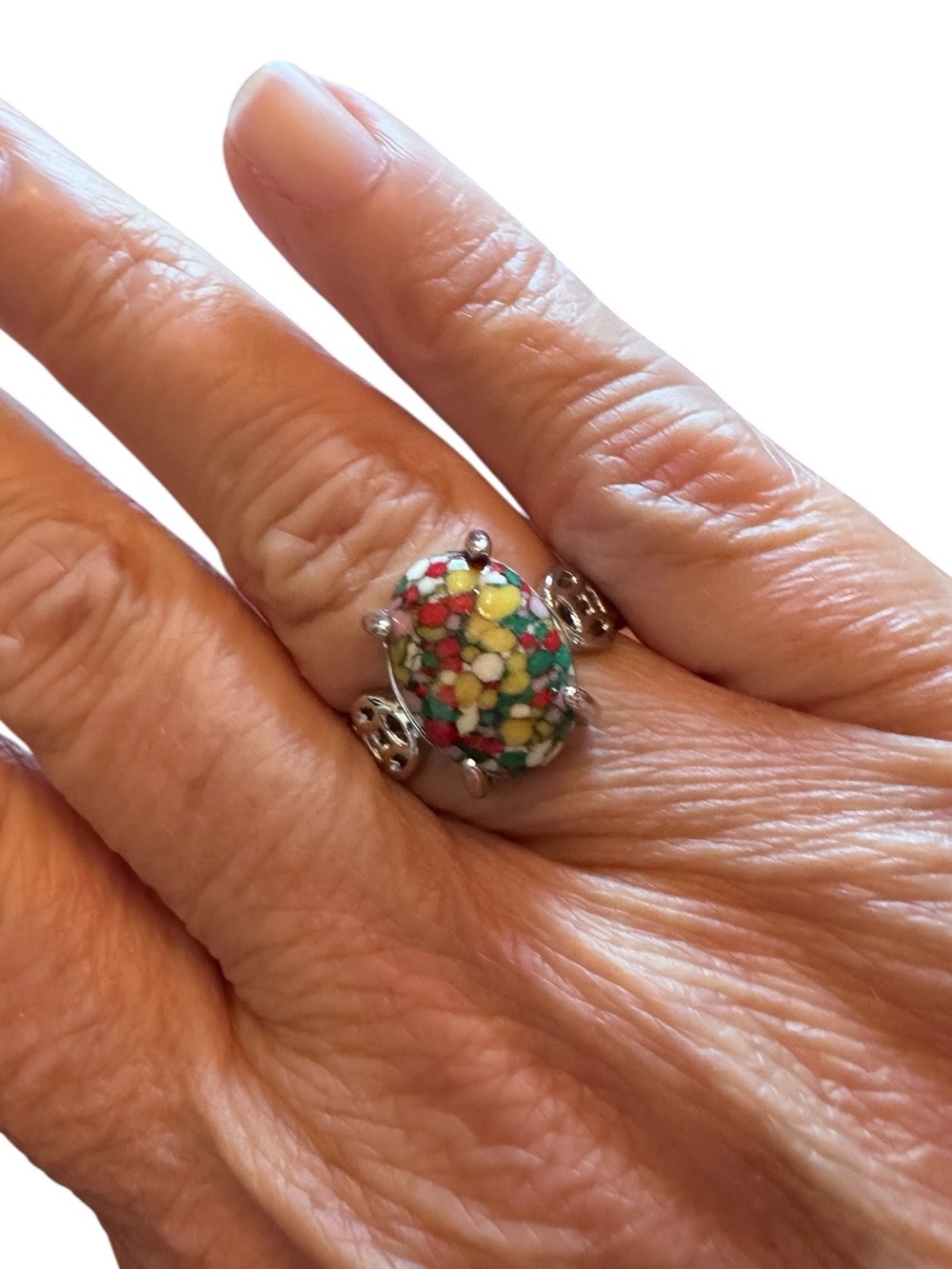 Multicolored Oval Stone Silver Ring